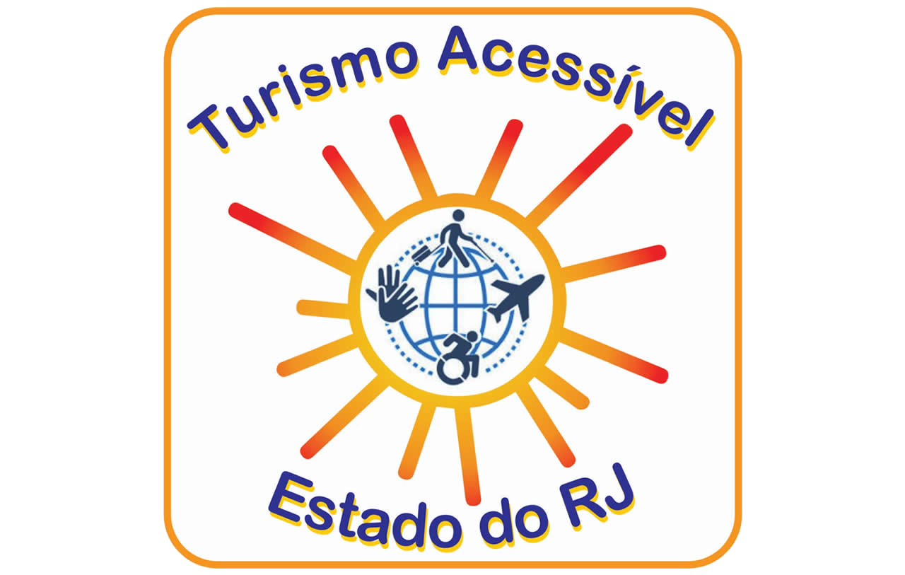 Logomarca quadrada com bordas arredondadas em amarelo. Fundo branco,em letras azuis e bordas amarelas, o texto: acima, Turismo Acessível e na base, Estado do RJ. Ao centro, desenho de um círculo amarelo de onde saem linhas retas amarelas com bordas vermelhas que remetem aos raios do sol. Dentro do círculo, fundo branco, um globo com três linhas horizontais e três verticais na cor azul claro, contornado por quatro pictogramas separados por pontilhados, na cor azul escuro: uma pessoa em pé puxa uma mala e segura uma bengala; um avião; uma pessoa em cadeira de rodas, e duas mãos sendo uma em frente da outra indicando o atendimento em Libras